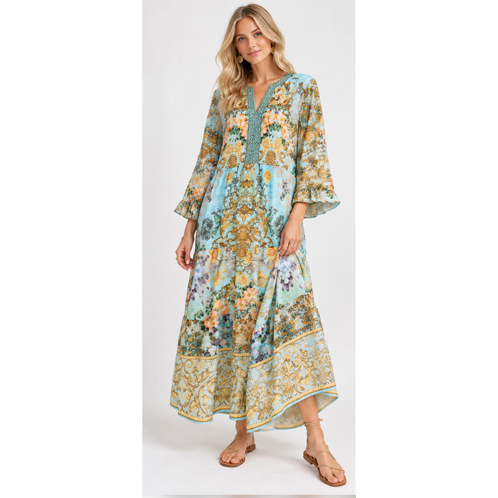Soft Surroundings Baroque Floral Beaded Maxi Dress Blue Boho NWT Size S